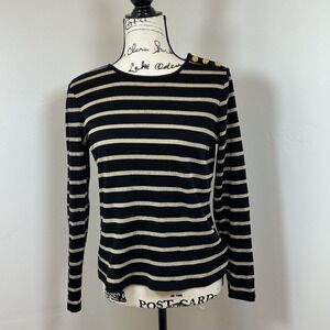 LAUREN Ralph Lauren Black Gold Stripe Metallic Long Sleeve Crew Neck Top Shirt M